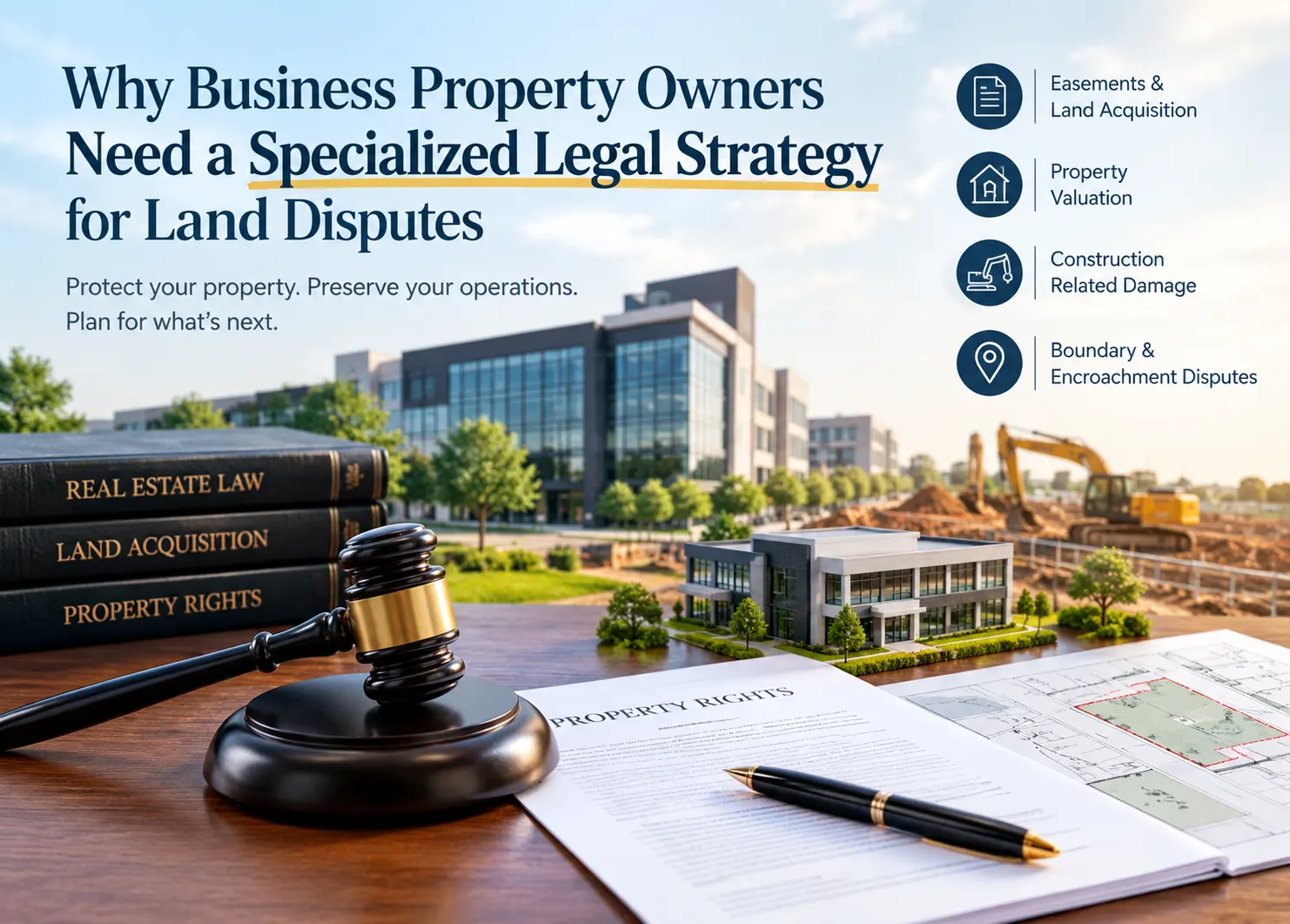 A commercial property law banner featuring a gavel, legal documents, property plans, office buildings, and construction equipment, highlighting easements, land acquisition, property valuation, construction damage, and boundary disputes.